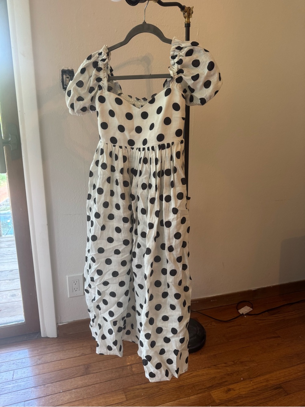 Sleeper White and Black Polka Dot Puff-Sleeve Midi Dress